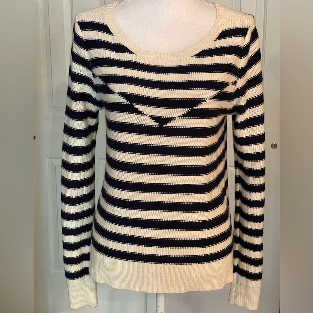American Eagle Outfitters Sweater Crew Neck Navy Striped Side Slits Wool Large